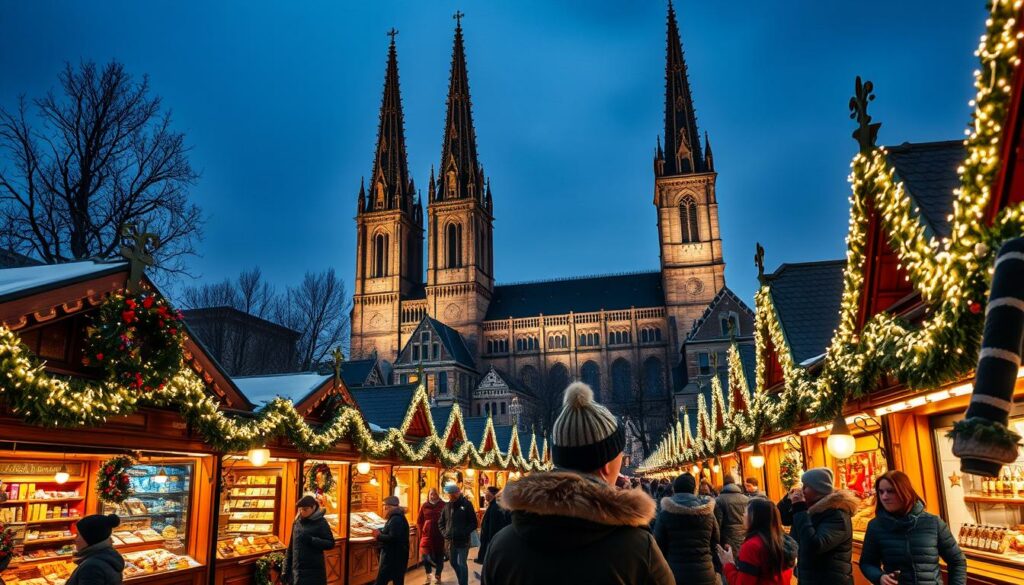 Weihnachtsmarkt in Frankfurt am Römerberg mit festlicher Beleuchtung